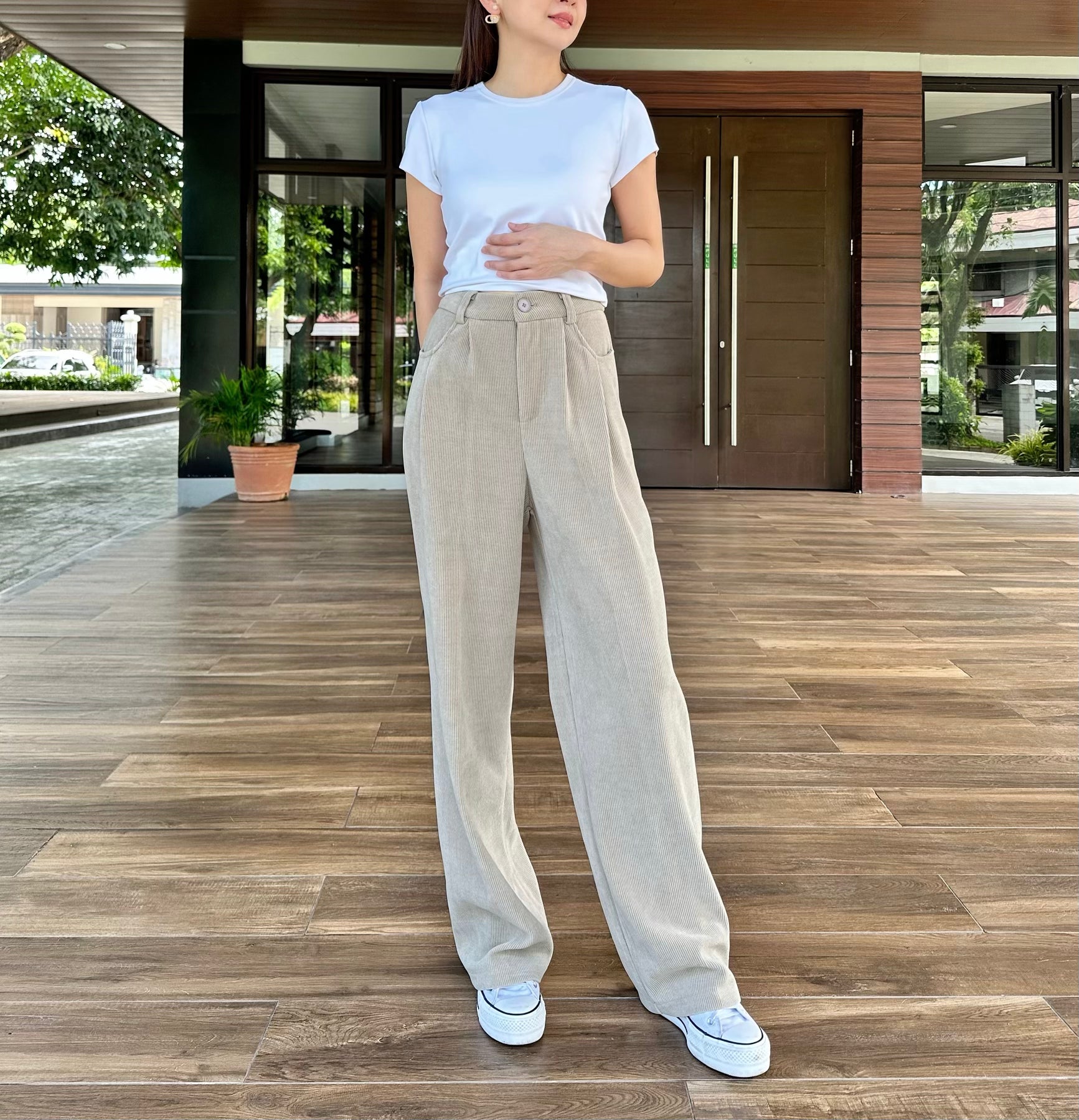 Jade Wide Leg Pleated Corduroy Pants in Beige