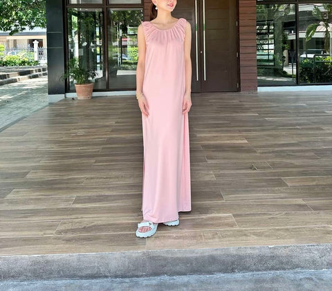 Fender Top Pleated Sleeveless Dress in Beige