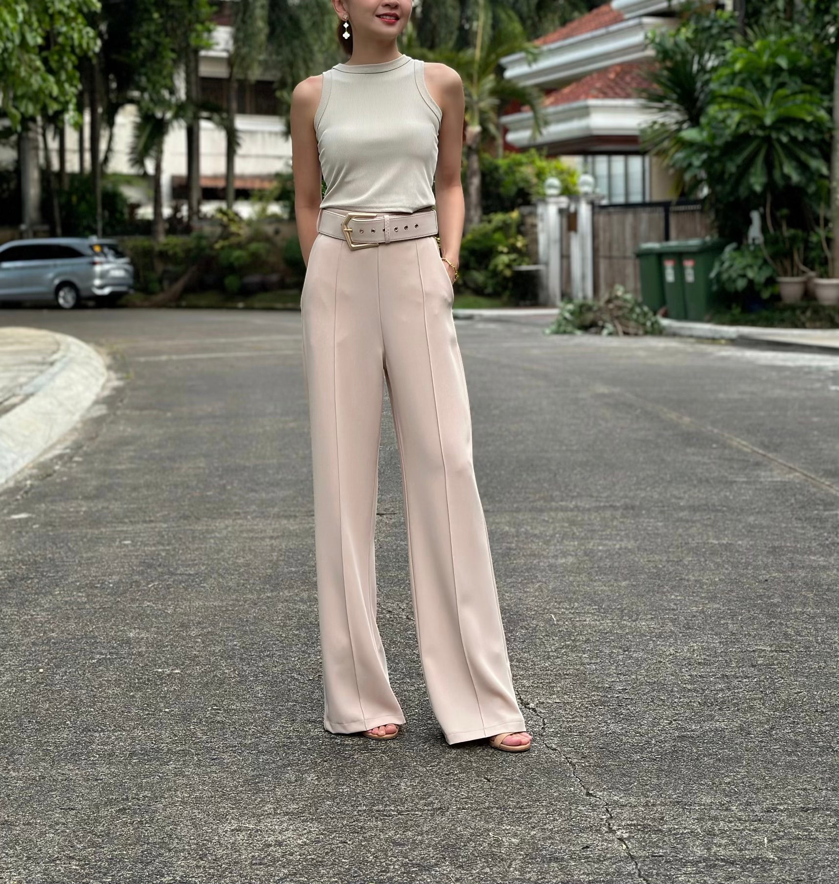 Jordane Wide Belted Pants in Beige