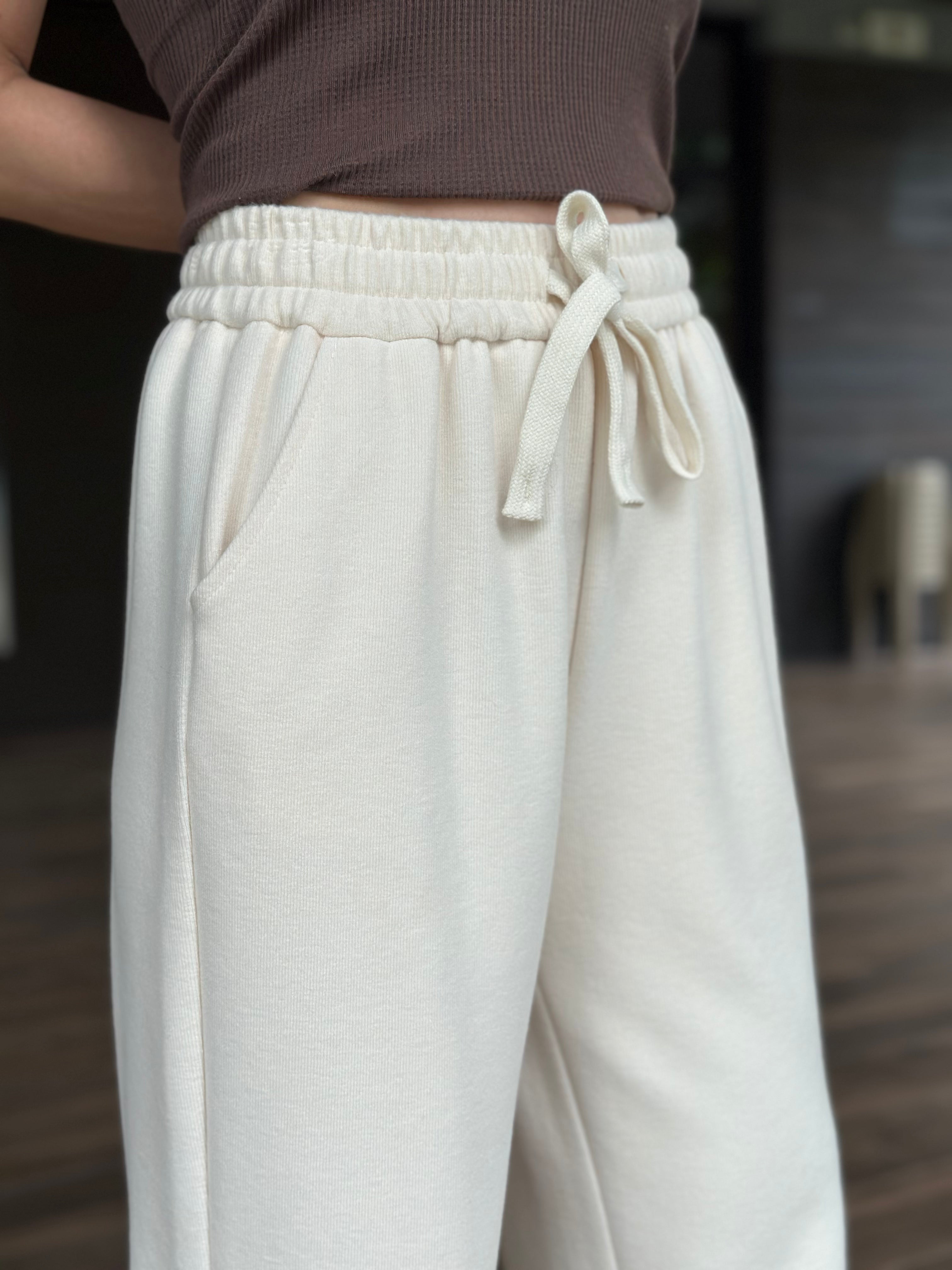 Lacey Thick Drawstring Wide Lounge Pants in Cream