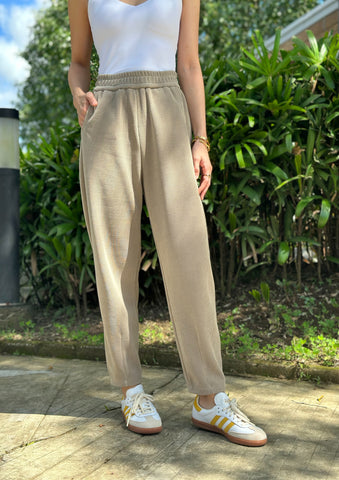 Lacey Thick Drawstring Wide Lounge Pants in Beige