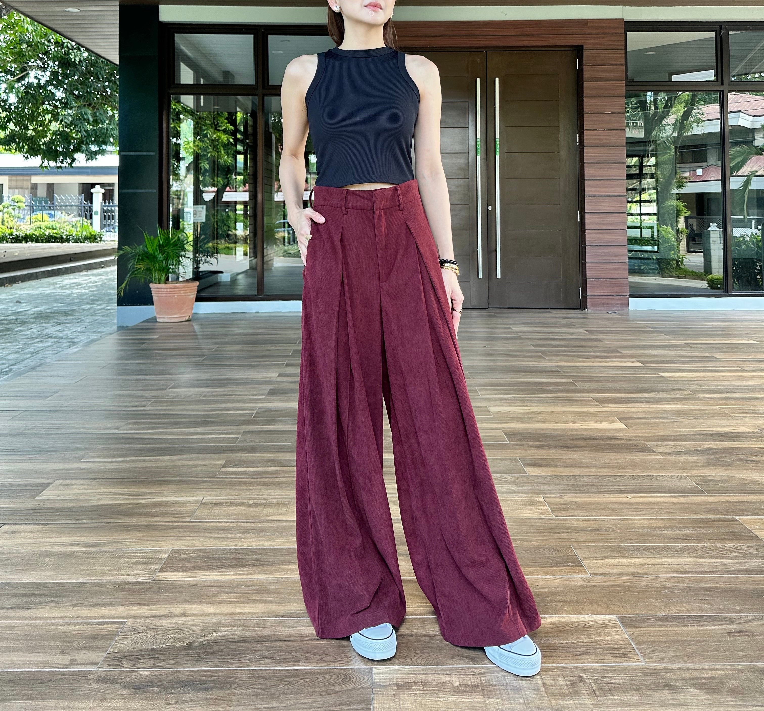 Esmeralda Super Wide Leg Corduroy Pants in Merlot – Pink Manila