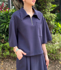 Tammy Zip Collared Top in Navy