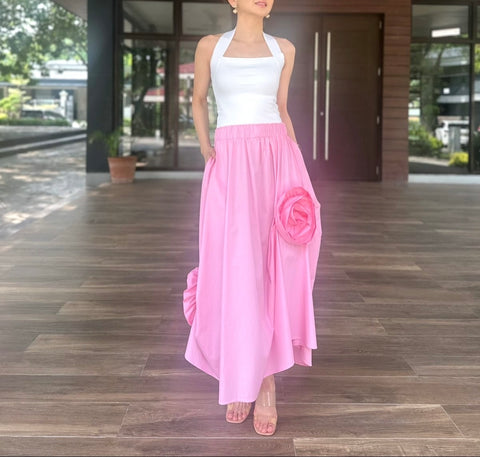 Ivory Pleated Skirt in Black polka