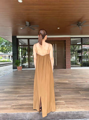 Jaxel French Linen Maxi Dress in Brown Pre order ETA 5/4