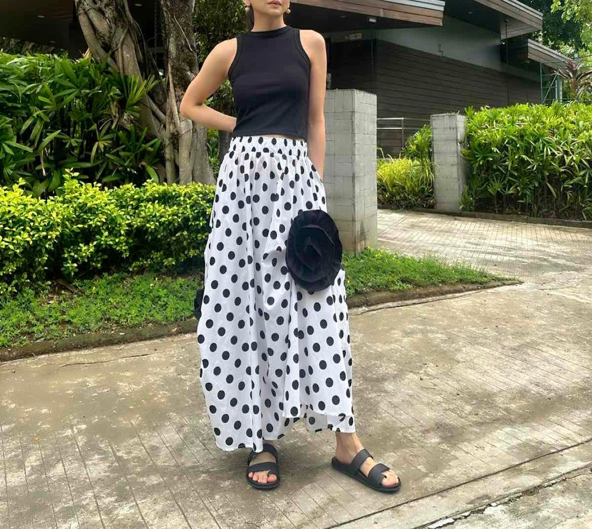Ivory Pleated Skirt in White Polka