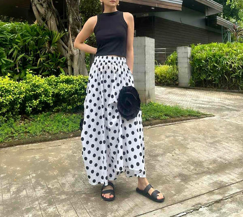 Ivory Pleated Skirt in White Polka