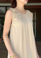 Fender Top Pleated Sleeveless Dress in Beige