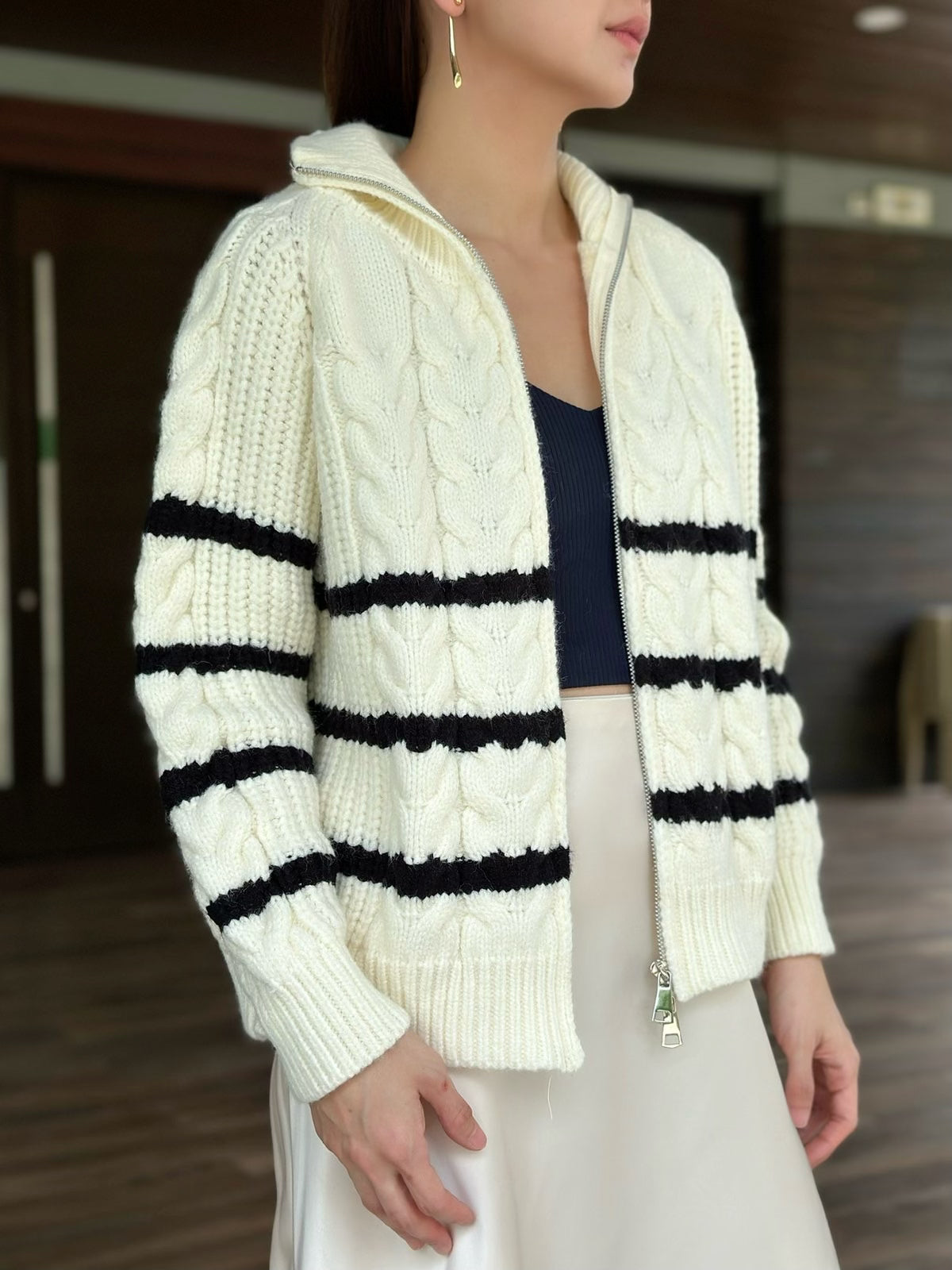 Bette Stripes Cable Knit Zip Up White