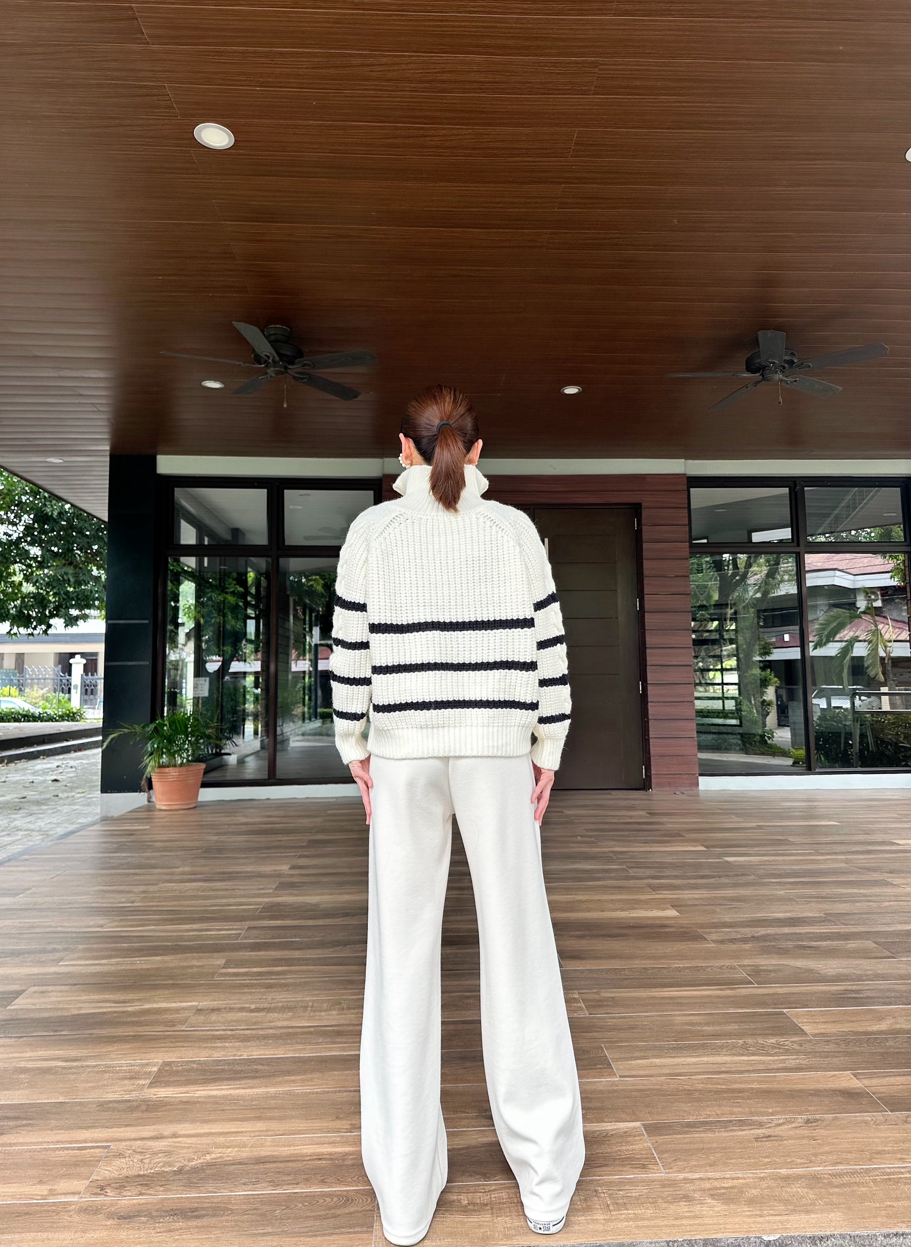 Bette Stripes Cable Knit Zip Up White