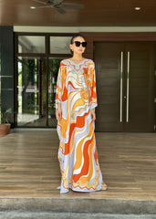 Ocean Printed Silk Dress in Orange